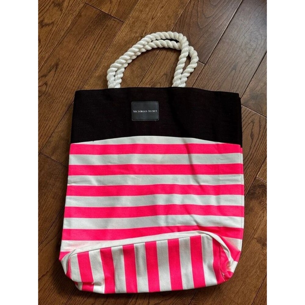 Victoria’s Secret striped canvas bucket tote bag rope handles